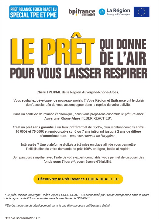 La BPI et la r&eacute;gion Auvergne-Rh&ocirc;ne-Alpes lance le pr&ecirc;t Relance FEDER REACT EU